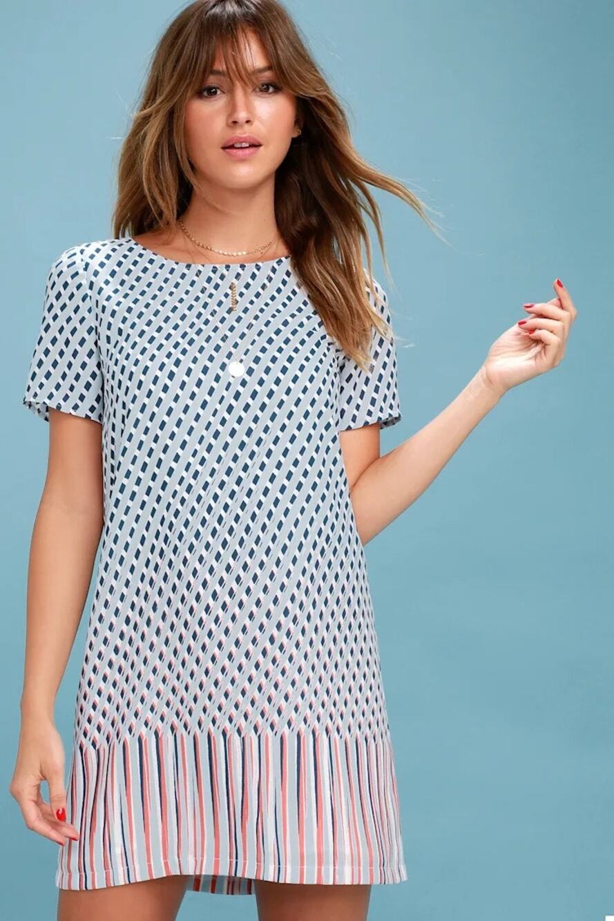 Lulus | Santa Monica Blue Print Shift Dress Small Casual Summer Short Sleeve